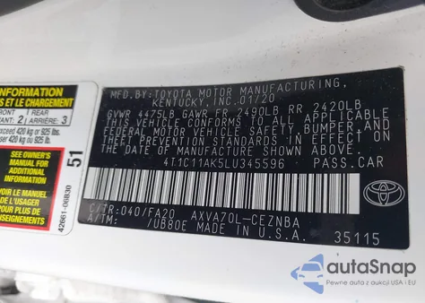 2020 Toyota Camry Le z USA, uszkodzony, nr VIN 4T1C11AK5LU345596